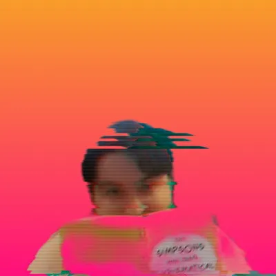 Suzza reading a math book on a glitched background with a pink to orange gradient