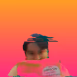 Susan Silver holding a book with an orange and pink gradient background and a glitch effect