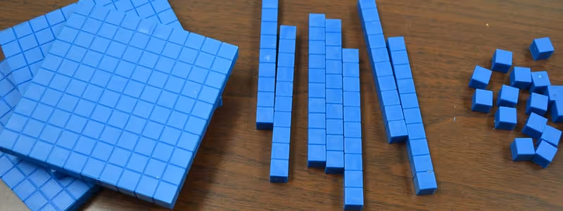 Blue blocks in cubes of ones, tens, and hundreds