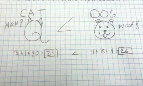 Drawing of a cat and dog where letters have been turned into digits and added comparing the value of each word