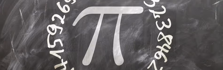The symbol for pi on a chalk board surrounded by the first few digits of pi.