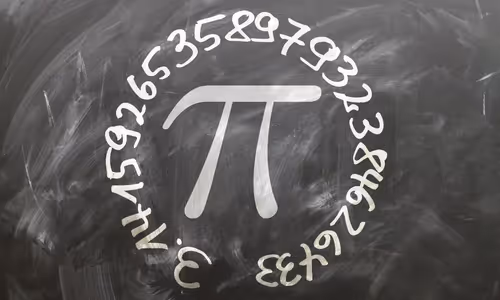 The symbol for pi on a chalk board surrounded by the first few digits of pi.